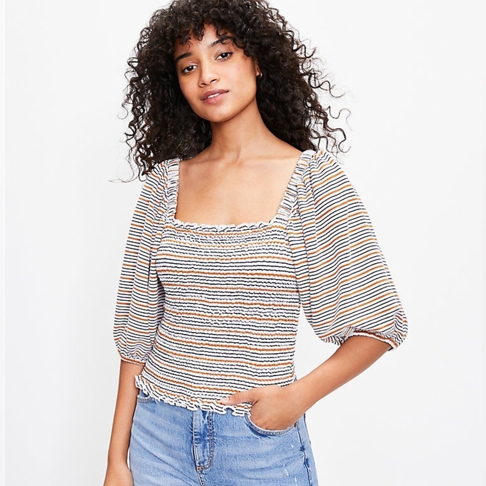 LOFT Striped Smocked Drape Puffy Sleeve Top Large